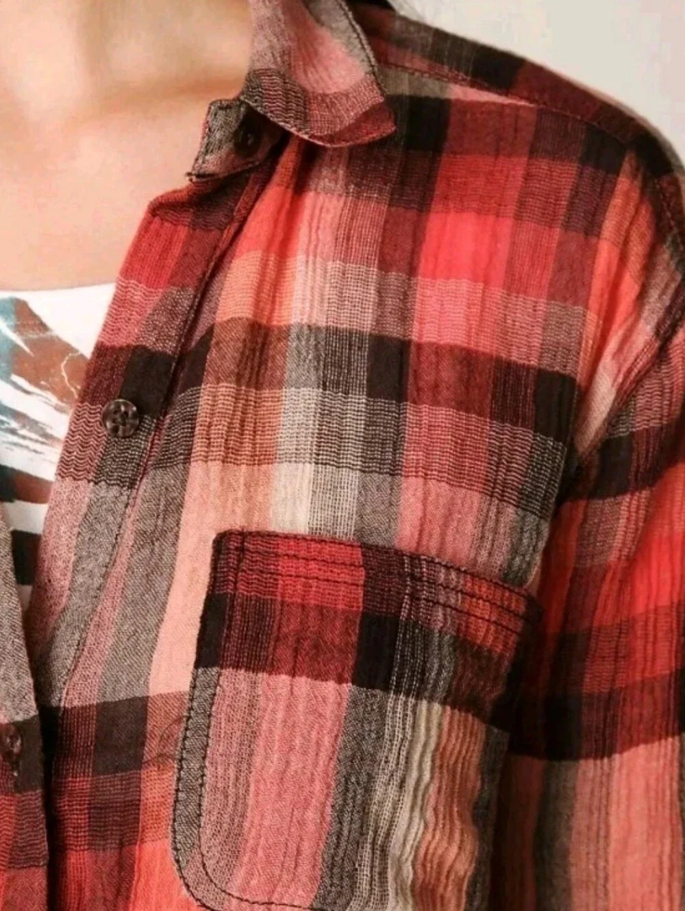 Free People Crochet Back Button Shirt Sz Med Red Plaid Crinkle Gauzy Mixed Media - Picture 4 of 13